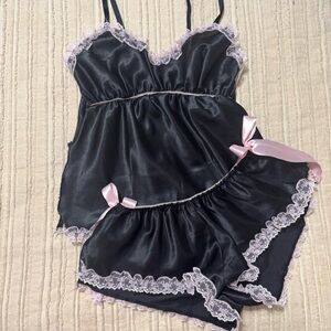 Y2K Black and Pink Satin Lace Lingerie Set